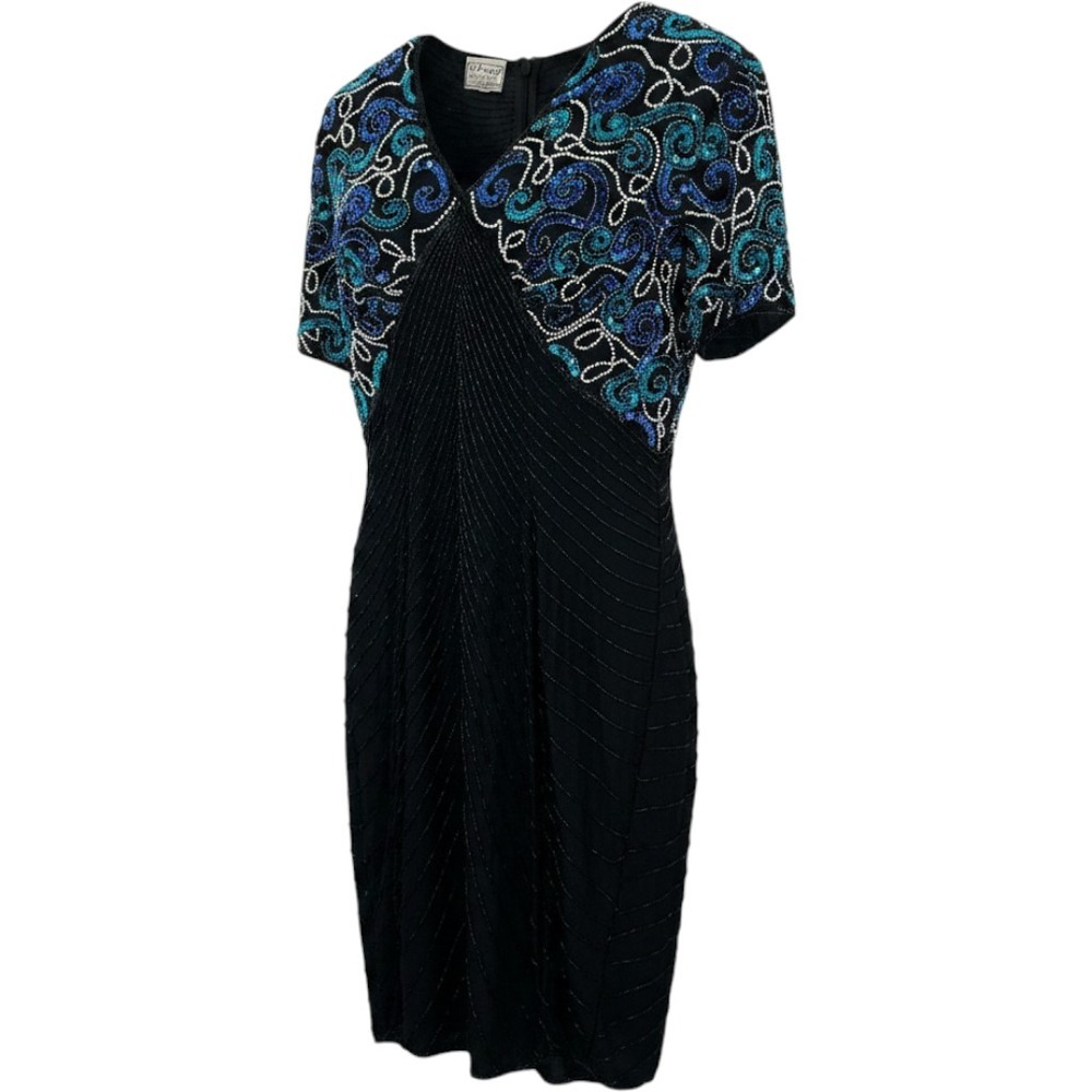 Stenay Vintage Beaded Silk Cocktail Dress Black Blue Sequin Sheath Size 14‎
